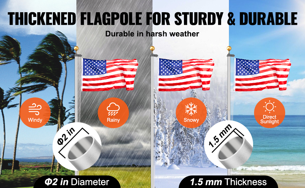 VEVOR 25FT Detachable Flagpole Kit Heavy Duty Aluminum Flag Pole ...