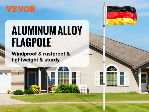 Kit de mât de drapeau télescopique 6090 mm, mât de drapeau allemand en alliage d'aluminium dans le sol pour extérieur, mât de drapeau à 3 modes d'affichage avec accessoires professionnels, noir