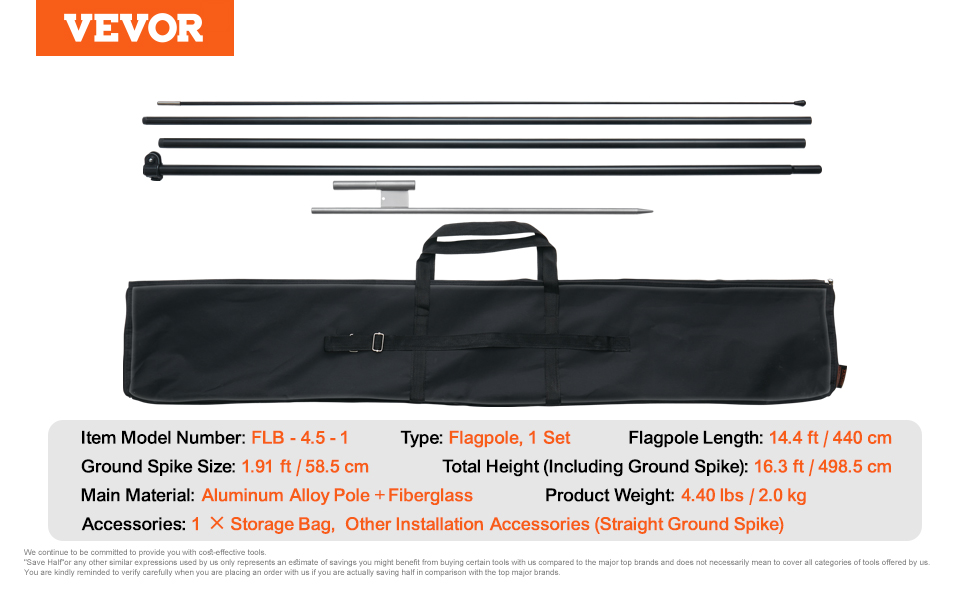 16.3 Ft Feather Flag Pole Kit With Ground Stake – Swooper Flag Set, Aluminum Alloy & Fiberglass, Model FLB-4.5-1