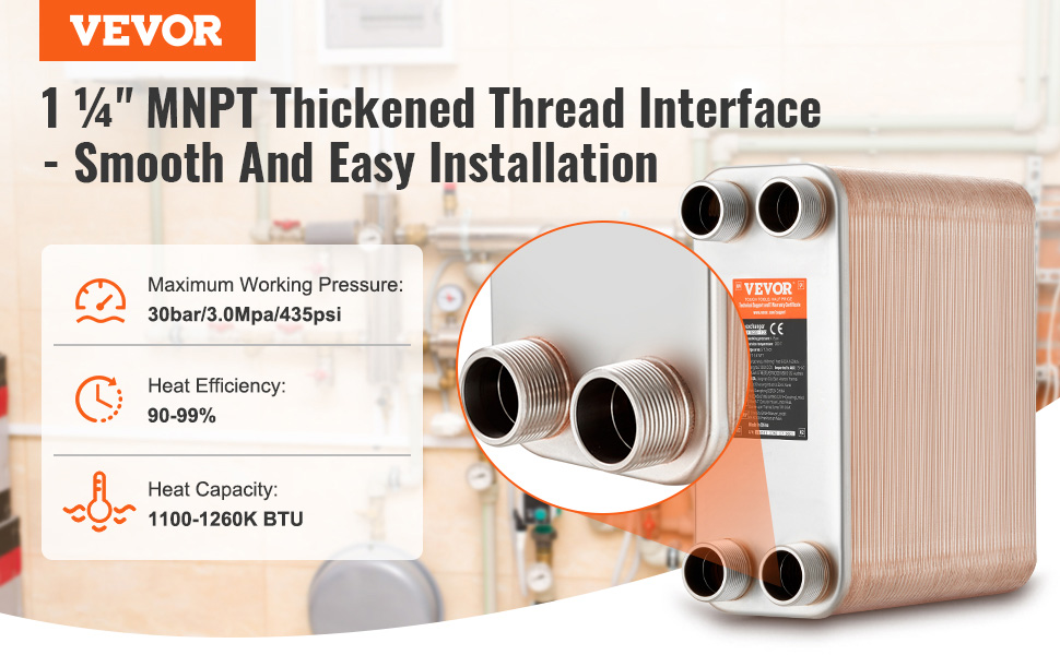 VEVOR plate heat exchanger with 1¼" mnpt interfaces, 30bar pressure, 90-99% efficiency, 1100-1260k btu.