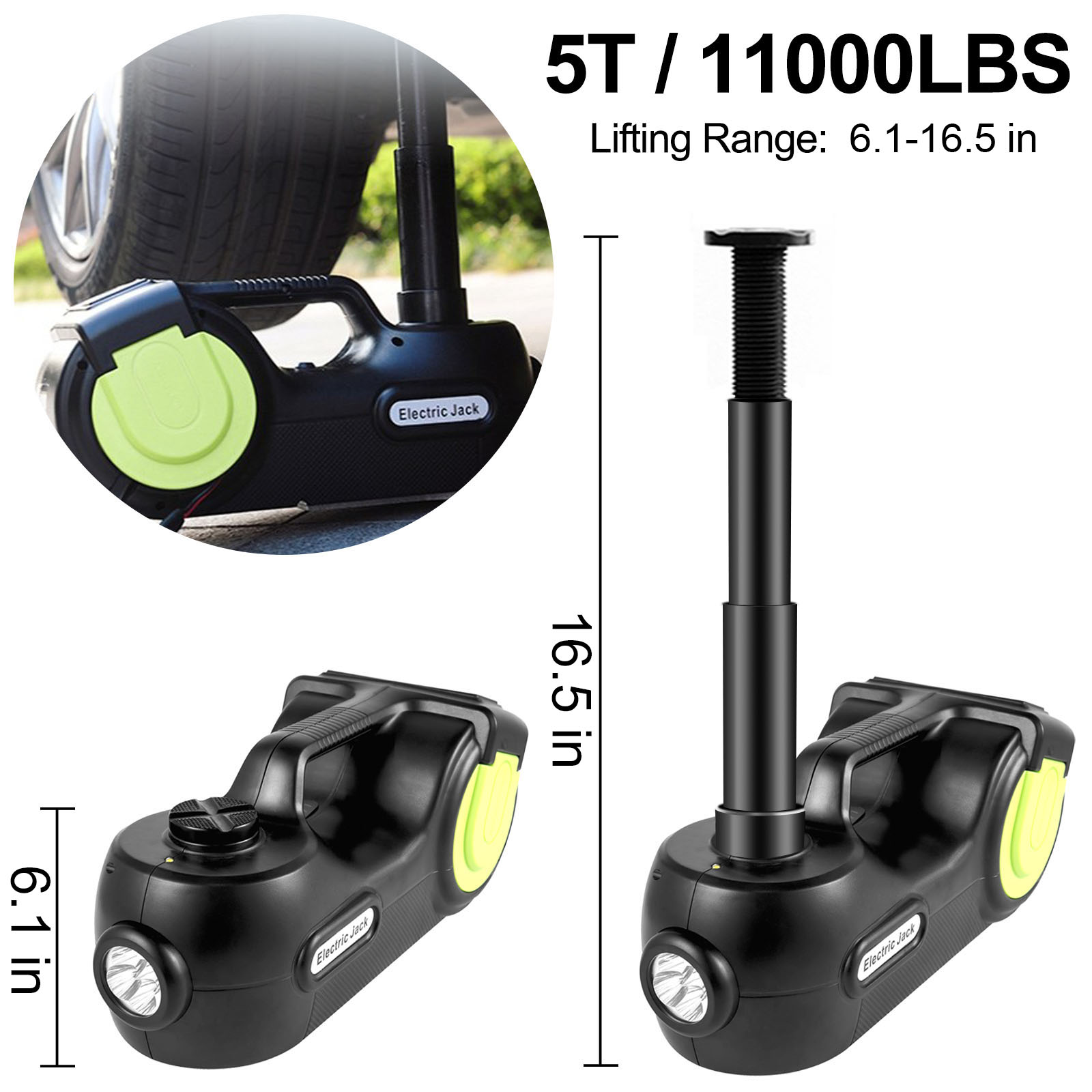 VEVOR electric car jack lifting a vehicle, showcasing dimensions and weight capacity.