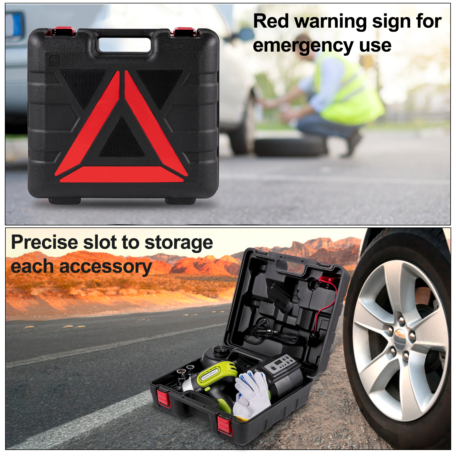 VEVOR electric car jack with red warning sign and organized accessories in case.