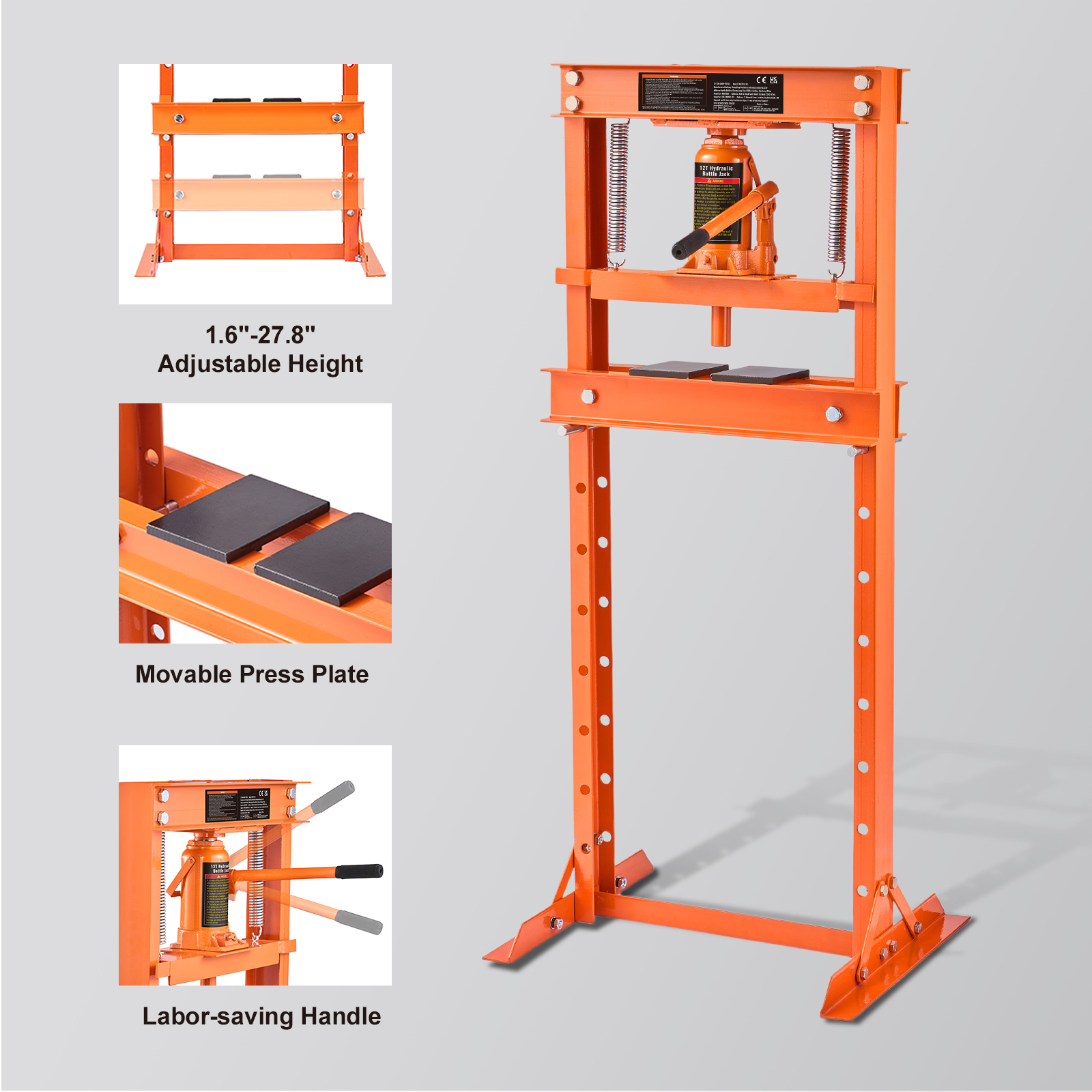 BOSTANA 6-Ton Hydraulic Shop Press - H-Frame, Adjustable Height 2.2 To 9.4 Inch, With Press Plates, Blue