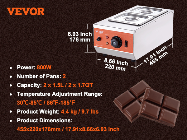 VEVOR Tempéreuse à Chocolat Fondoir à Chocolat en Inox 800 W 2 Cuves de 1,5  L