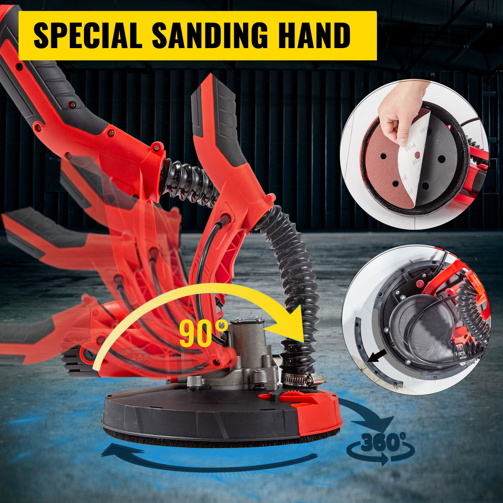 750W Drywall Sander Folding Handle Variable Speed Sanding Pad W/ Vacuum Bag New 