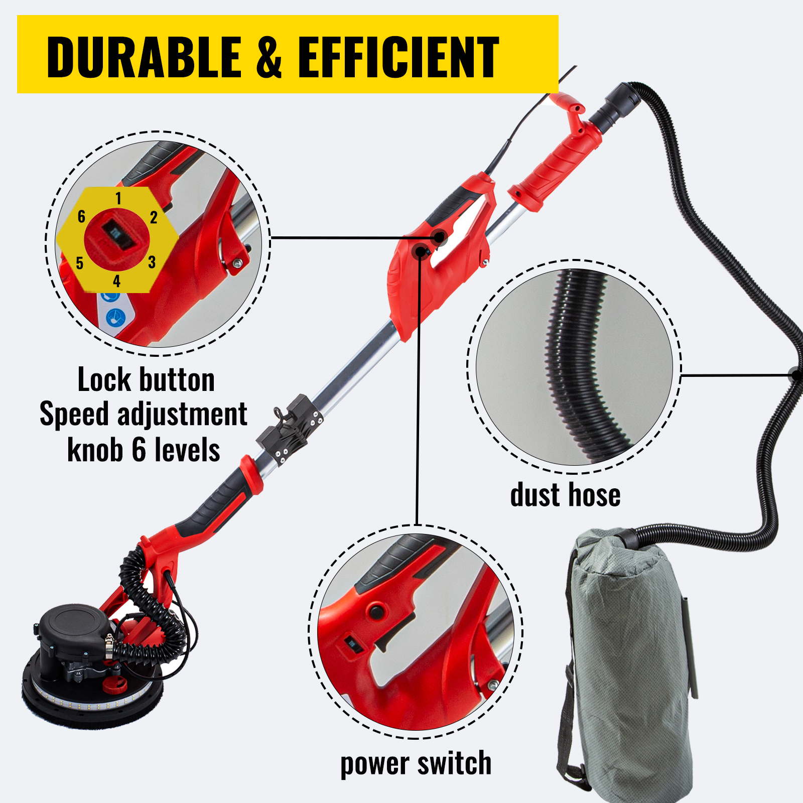 850W Drywall Sander 5-Speed Adjustable Speed with Integrated Vacuum System 