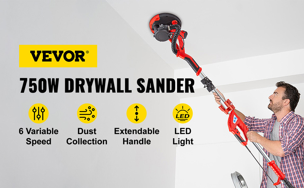 Drywall Sander 850W 225mm Extendable Handle 5 Speed w/ LED light and Vacuum Bag 