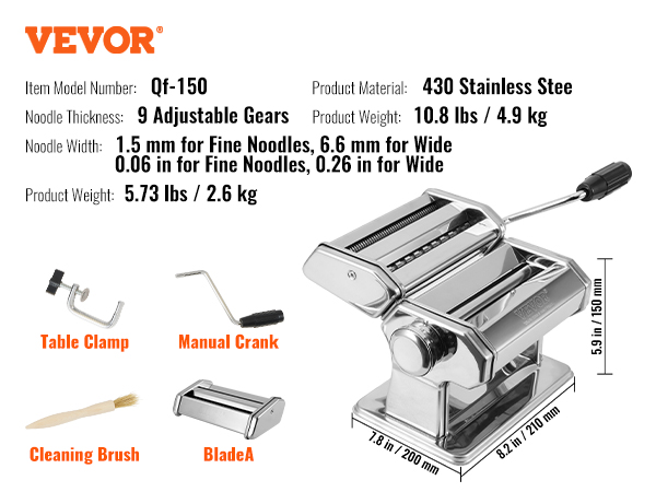 VEVOR Pasta Maker Machine, 9 Adjustable Thickness Settings Noodles Maker,  Stainless Steel Noodle Rollers and Cutter, Manual Hand Press, Pasta Making 
