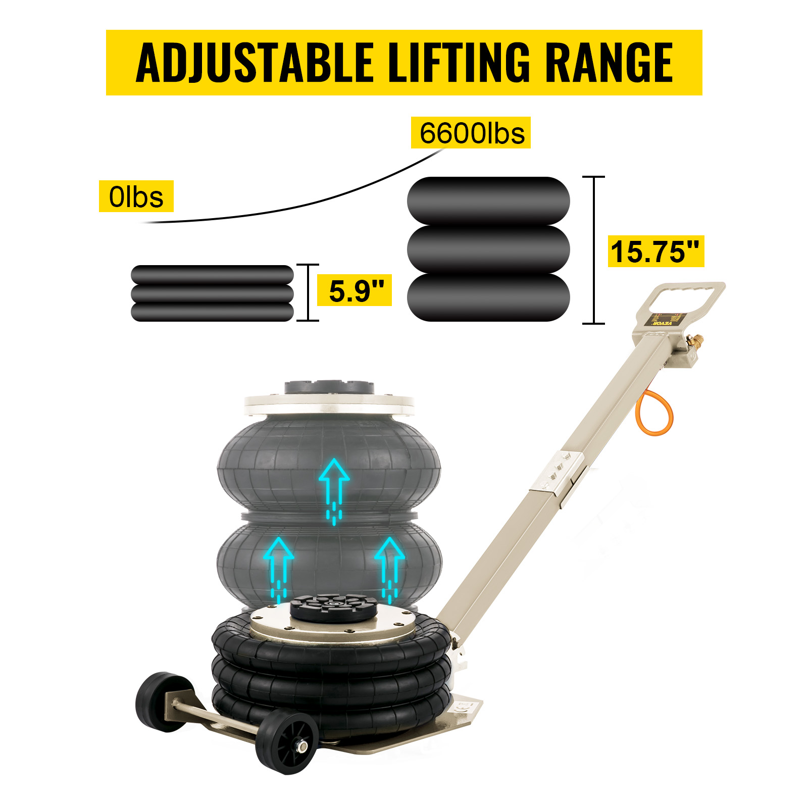 VEVOR Bag Air Jack 6600lbs de capacidad, varilla plegable de elevación  rápida, gato neumático de elevación rápida 3T, gato neumático de coche con  dos