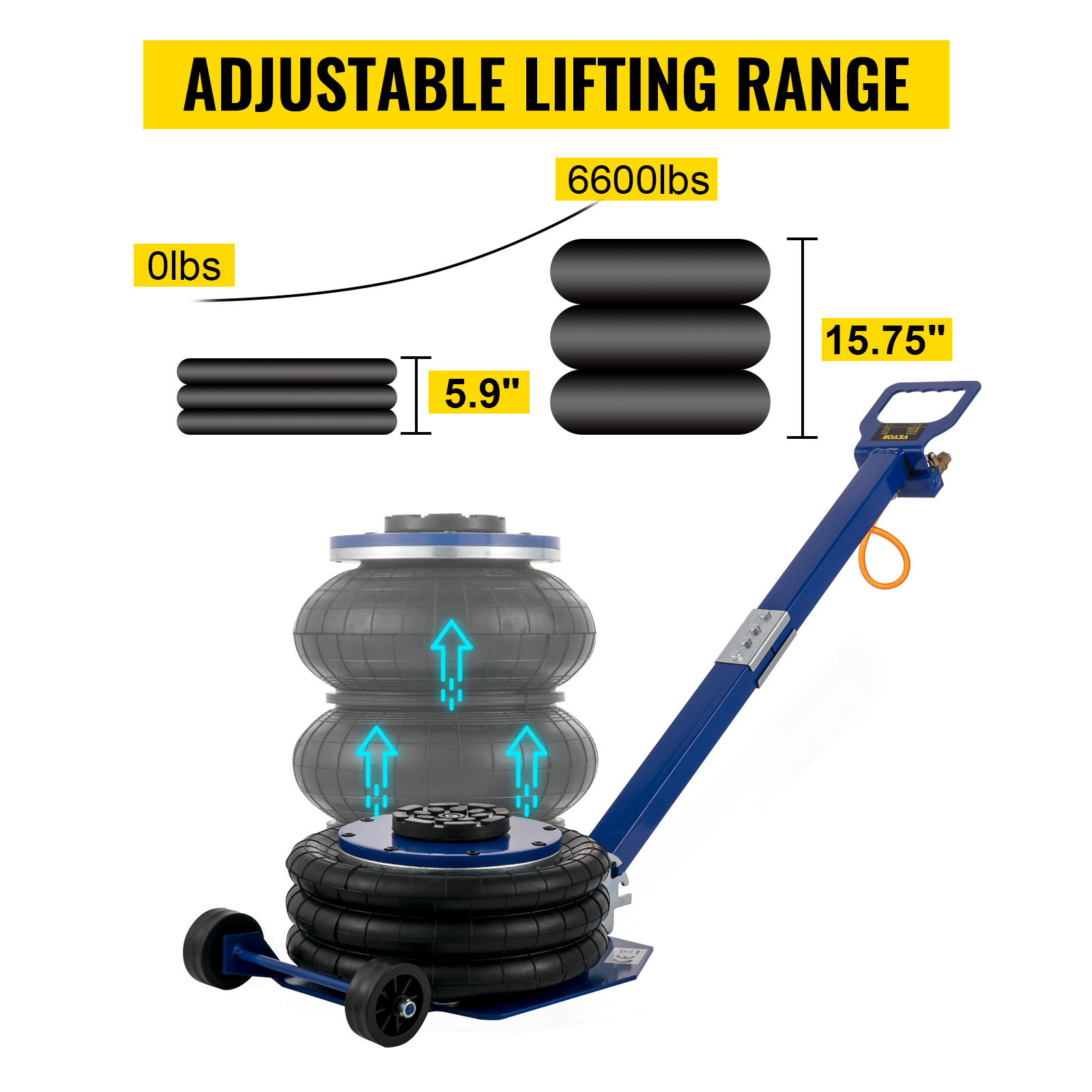  VEVOR Gato de aire de triple bolsa de 5 toneladas/11000 libras,  conector de bolsa de aire con seis tubos de acero, elevación de hasta 18.5  pulgadas/18.504 in, gato neumático de elevación