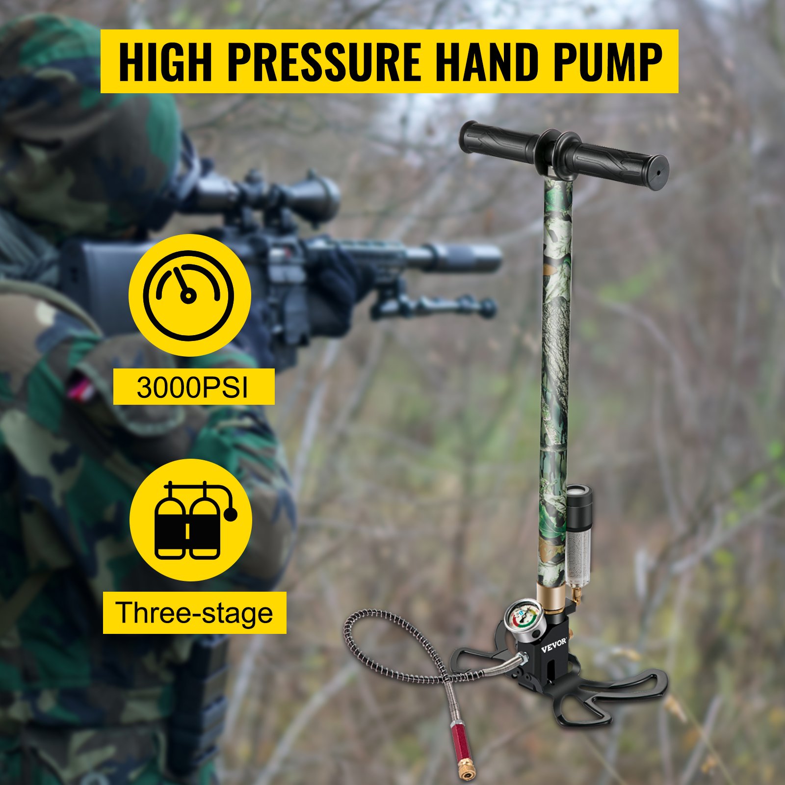 VEVOR PCP Air Pump, 3 Stage PCP Hand Pump, 3000psi High Pressure Air Pump with Gauge, Oil