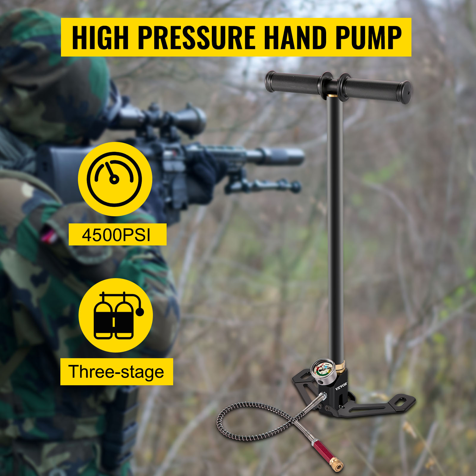 VEVOR PCP Air Pump, 3 Stage PCP Hand Pump, 4500psi High Pressure