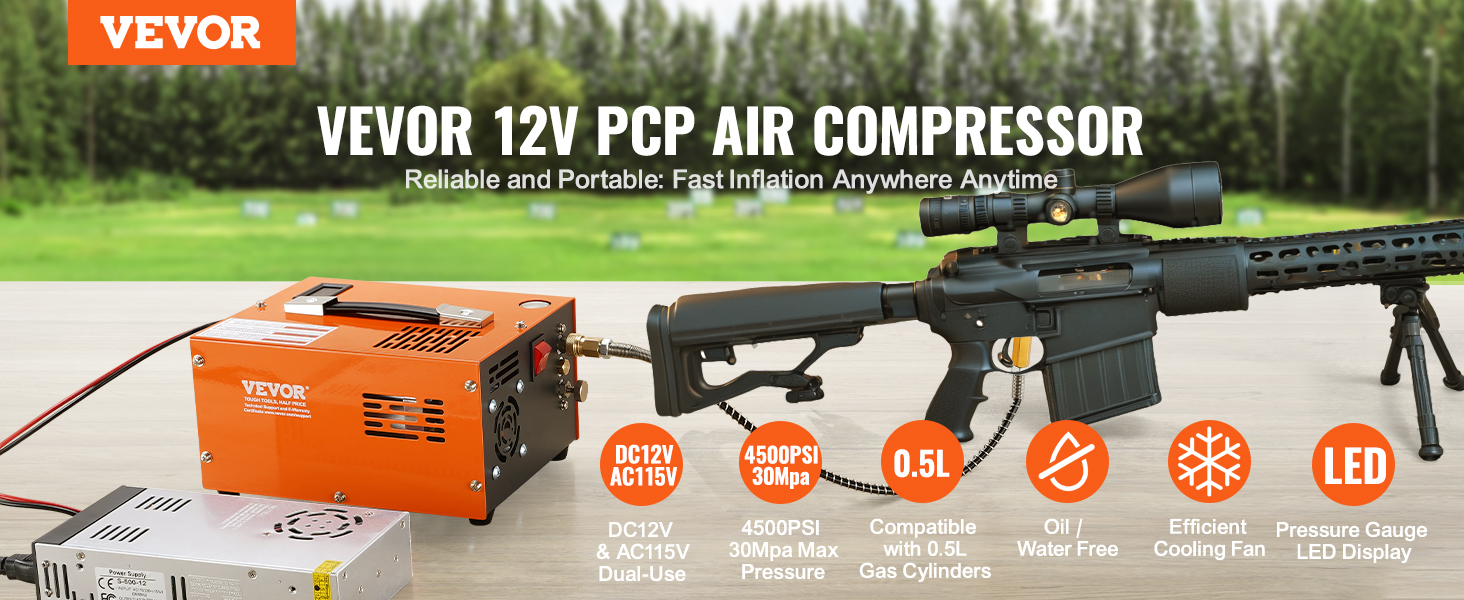Compresor de aire VEVOR PCP, compresor de pistola de aire PCP portátil  4500PSI/30Mpa con convertidor externo, DC12V, AC115V | Sin aceite ni agua 