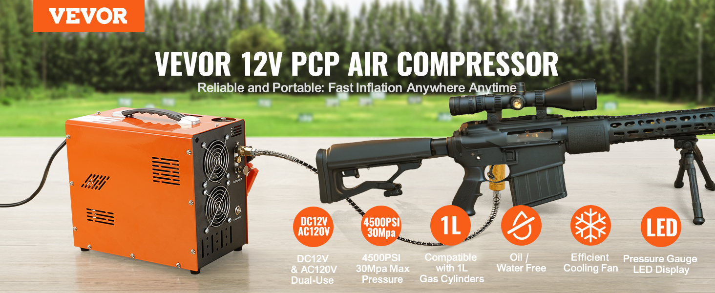 VEVOR PCP Air Compressor, Auto-stop Powered by DC 12V Car or Home AC  110V/220V, 4500Psi/30Mpa/300Bar w/Built-in Water/Oil Adapter & Cooling Fan  for Paintball, Scuba, Air Rifle