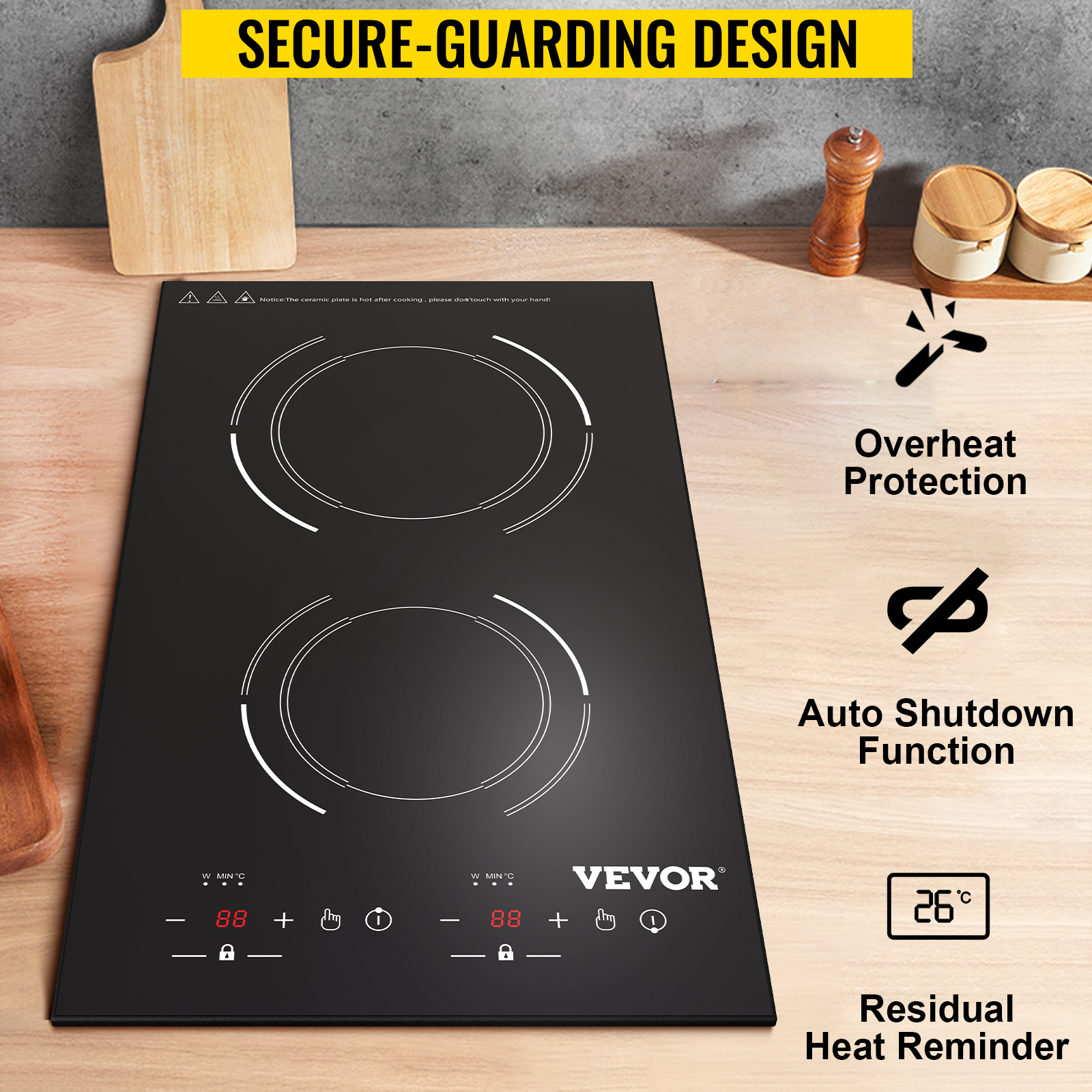 VEVOR Built-in Induction Electric Stove Top 12 Inch,2 Burners Electric Cooktop,9 Power Levels & Sensor Touch Control,Easy to Clean Ceramic Glass Surface,Child Safety Lock,110V 