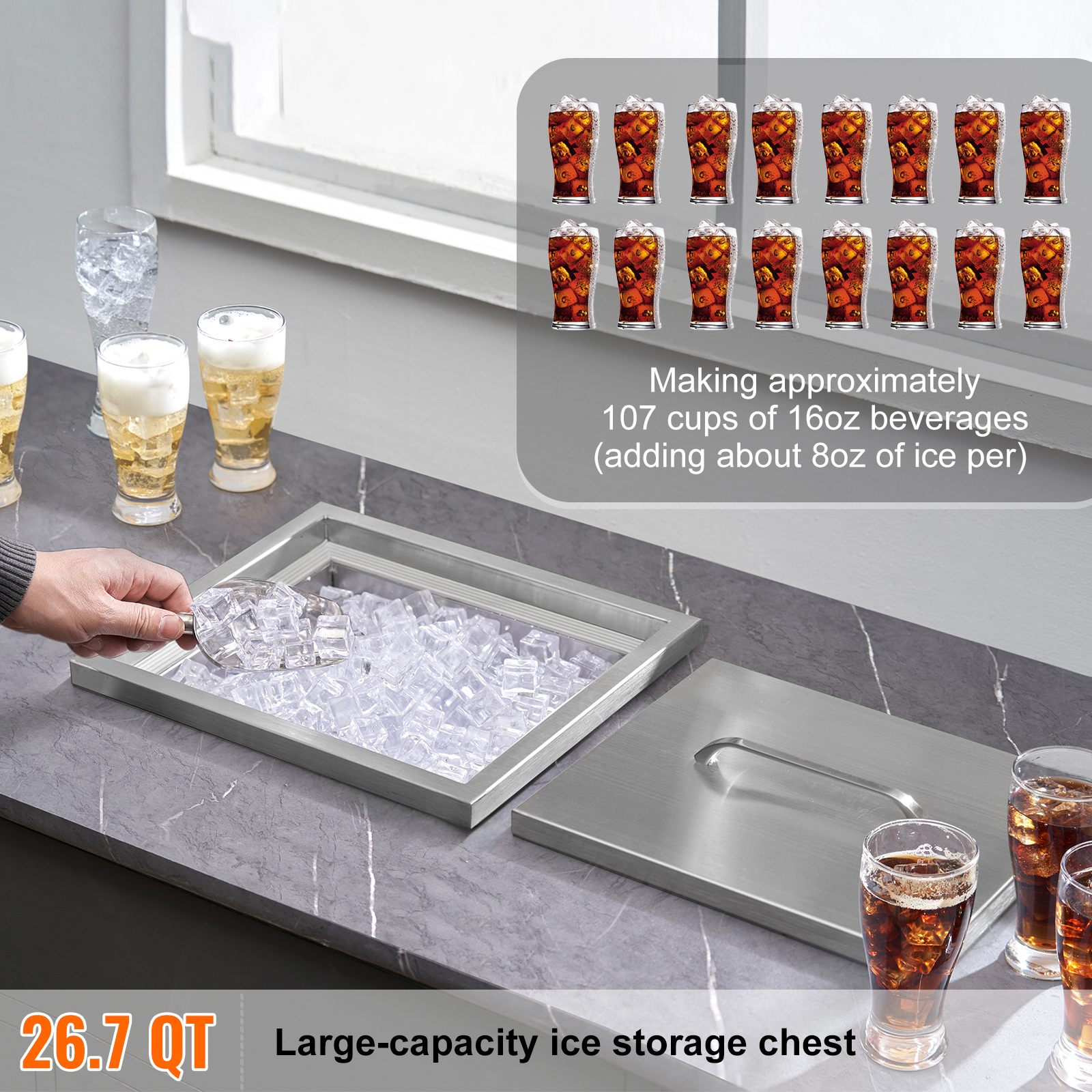 Ice Box Cover Drop in Ice Chest Ice Cooler Stainless Steel Ice Bin w/Cover 13 Types ...