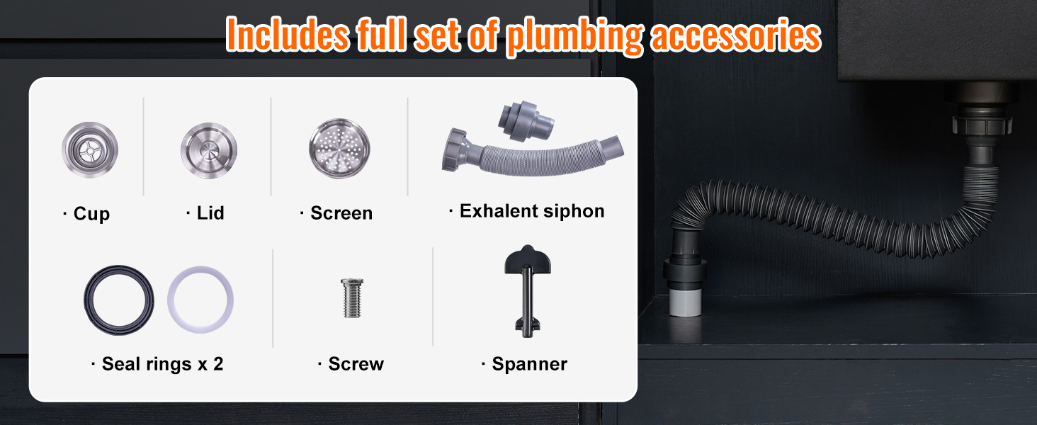 full set of plumbing accessories for VEVOR ice chest: cup, lid, screen, siphon, seal rings, screw, spanner.