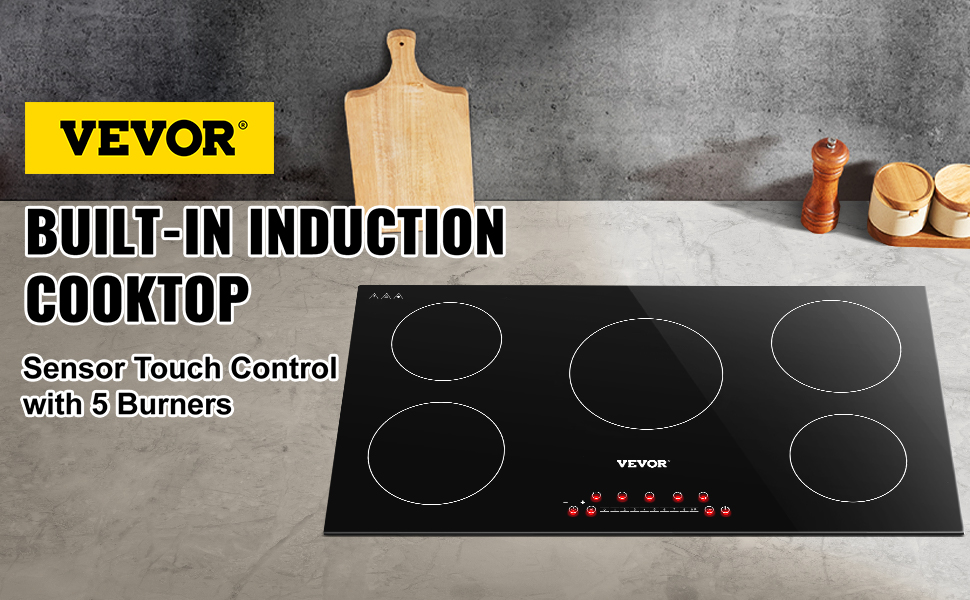VEVOR Built-in Induction Cooktop, 35 inch 5 Burners, 220V Ceramic Glass  Electric Stove Top with Knob Control, Timer & Child Lock Included, 9 Power  Levels with Boost Function for Simmer Steam Fry 