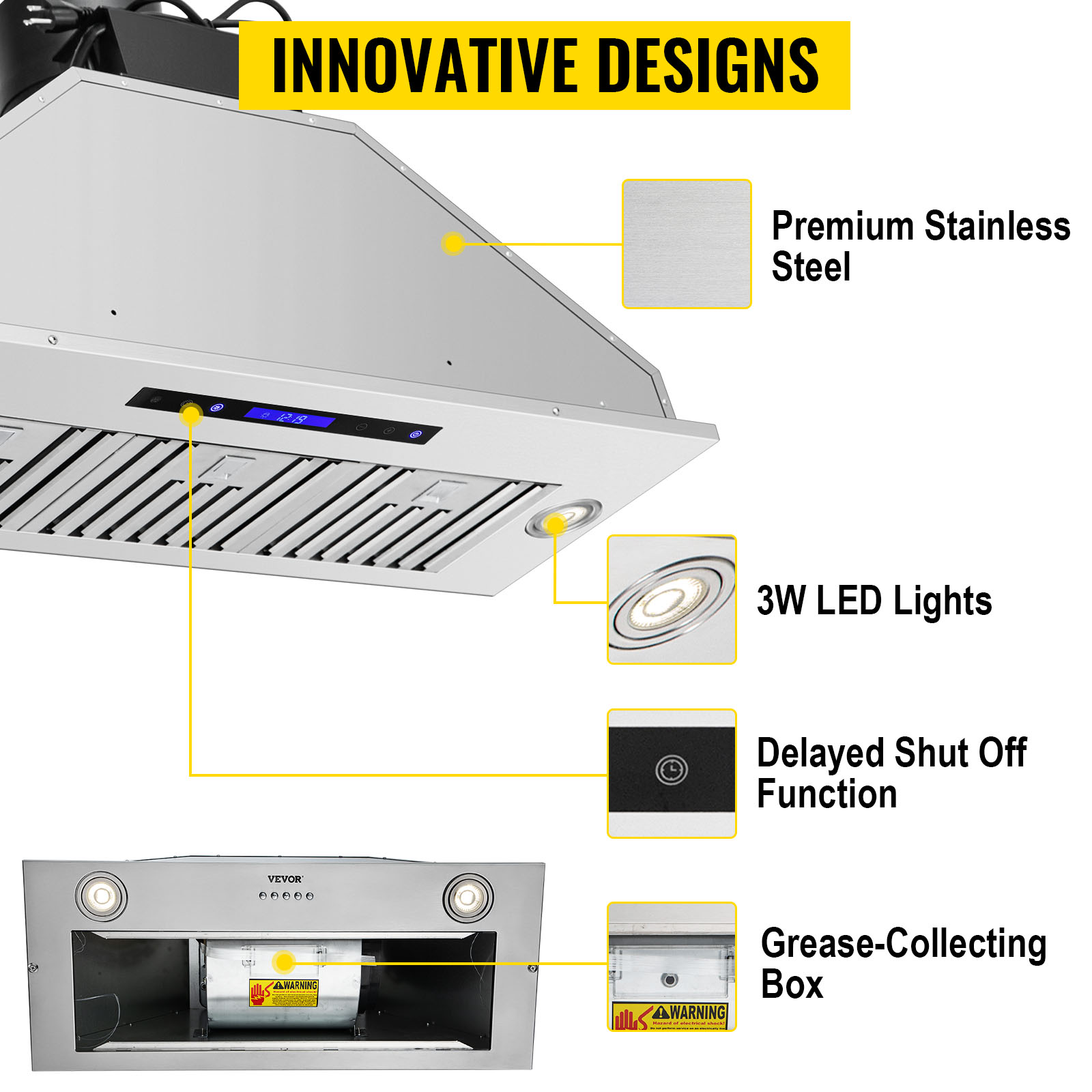 VEVOR Insert Range Hood, 900CFM 4-Speed, 30 Inch Stainless Steel Built-in  Kitchen Vent with Touch & Remote Control LED Lights Baffle Filters,  Ducted/Ductless Convertible, ETL Listed
