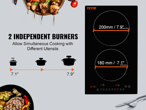 VEVOR Electric Cooktop, 2 Burners, 12'' Induction Stove Top, Built-in Magnetic Cooktop 1800W, 9 Heating Level Multifunctional Burner, LED Touch Screen w/ Child Lock & Over-Temperature Protection