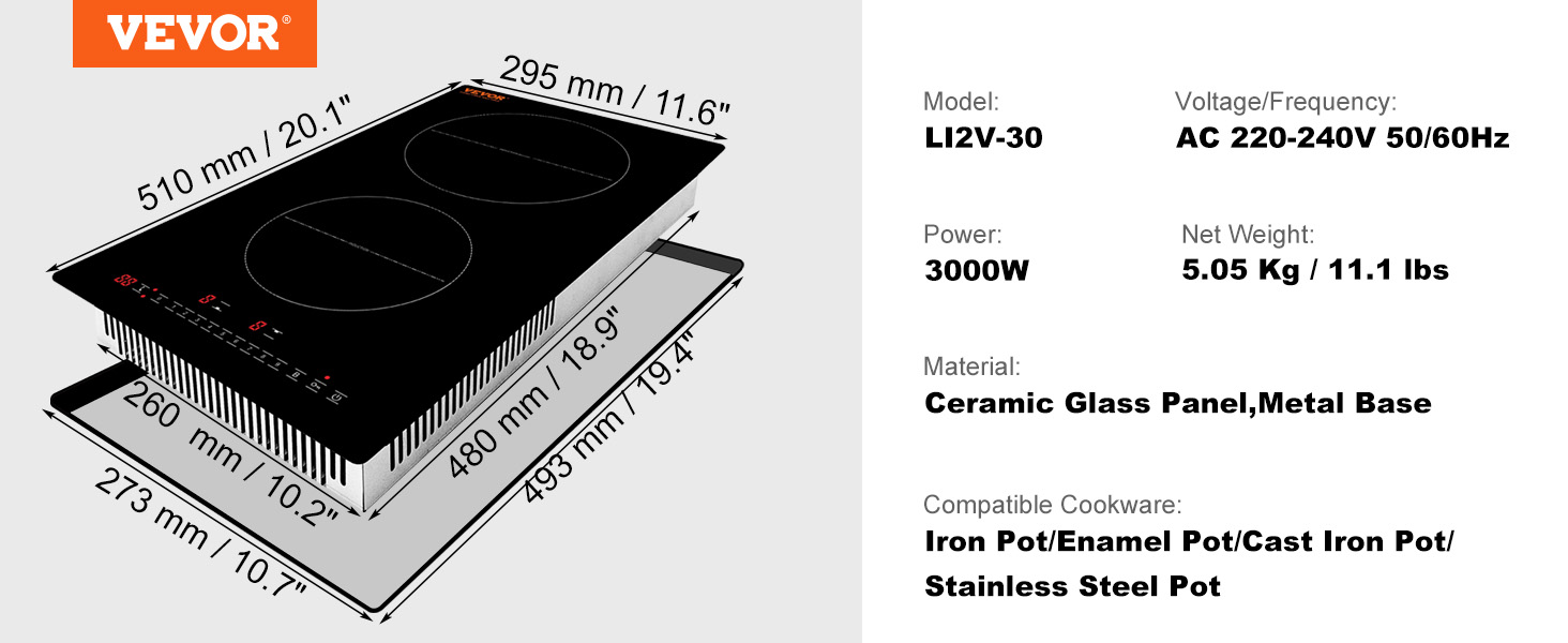 VEVOR 20.1 x 11.6-IN Induction Cooktop 20-in 2 Burners Black Induction  Cooktop in the Induction Cooktops department at