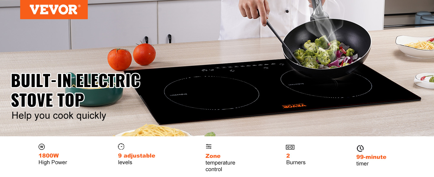 Electric Ceramic Cooktop with Plug, 2 Burners Electric Stove 110V, Child  Safety lock, Sensor Touch Control, 9 Heating Levels Cooker