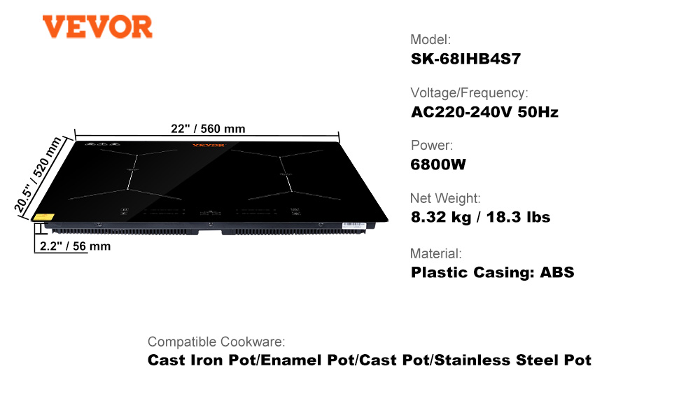 Placa de cocción empotrada Virtuosa 4 Prime 4 zonas 6500W vitrocerámica  marco de acero inoxidable Negro