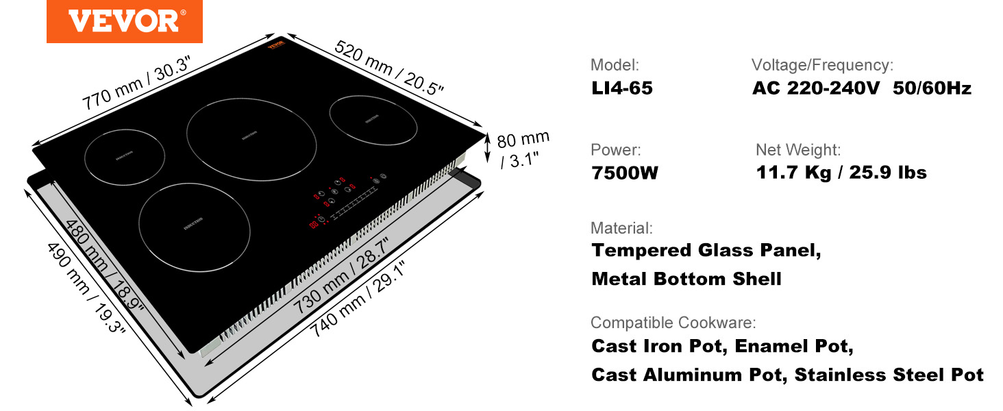 VEVOR Electric Cooktop, 2 Burners, 12'' Induction Stove Top, Built-in  Magnetic Cooktop 1800W, 9 Heating Level Multifunctional Burner, LED Touch  Screen w/ Child Lock & Over-Temperature Protection