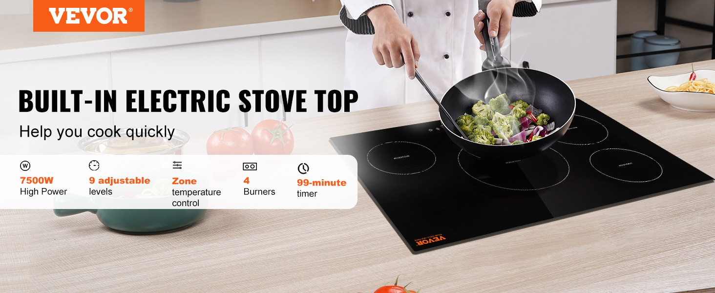 VEVOR Built in Electric Stove Top 30 in. 4 Burners Glass Radiant Cooktop  with Sensor Touch Control, Timer and Child Lock,Black Q30INCH7200W4GOHKV4 -  The Home Depot