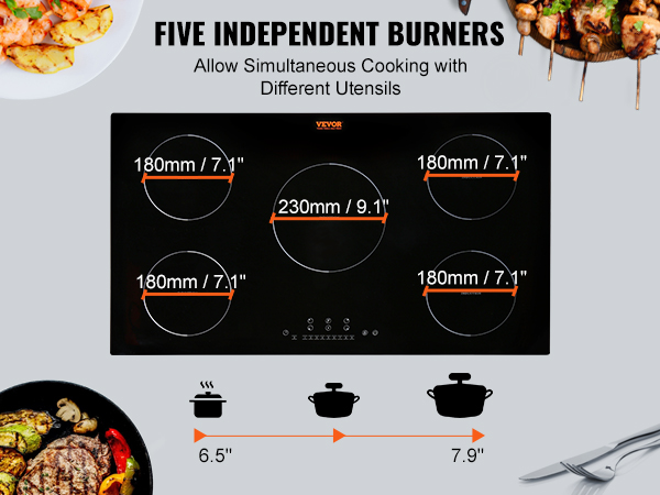 VEVOR Electric Cooktop, 5 Burners, 36'' Induction Stove Top, Built-in Magnetic Cooktop 9200W, 9 Heating Level Multifunctional Burner, LED Touch Screen w/ Child Lock & Over-Temperature Protection