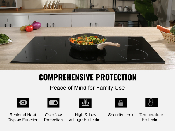 VEVOR Electric Cooktop, 5 Burners, 36'' Induction Stove Top, Built-in Magnetic Cooktop 9200W, 9 Heating Level Multifunctional Burner, LED Touch Screen w/ Child Lock & Over-Temperature Protection