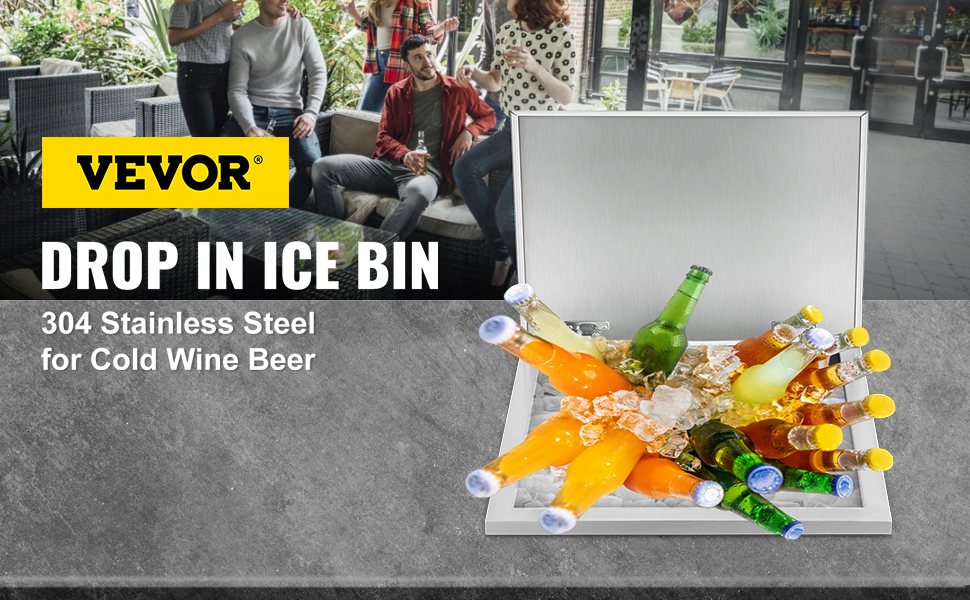 VEVOR Drop in Ice Chest 20''L x 14''W x 13''H Drop in Cooler Stainless Steel with Hinged Cover Bar Ice Bin 36.3 qt Drain-Pipe and Drain Plug Included for Cold Wine Beer 