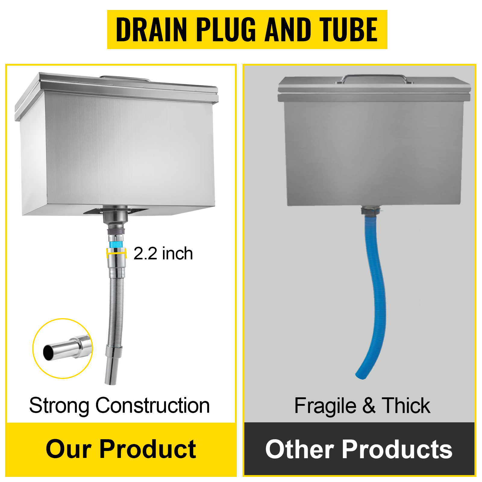 VEVOR Drop in Ice Chest 20''L x 14''W x 13''H Drop in Cooler Stainless Steel with Hinged Cover Bar Ice Bin 36.3 qt Drain-Pipe and Drain Plug Included for Cold Wine Beer 