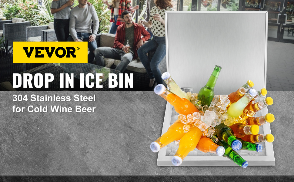 VEVOR Drop in Ice Bin Chest 28x18 inch Drop in Cooler Stainless Steel  Outdoor Drop in Ice Chest with Cover Bar Ice Bin 87.2 qt Drop in Wine Drops  