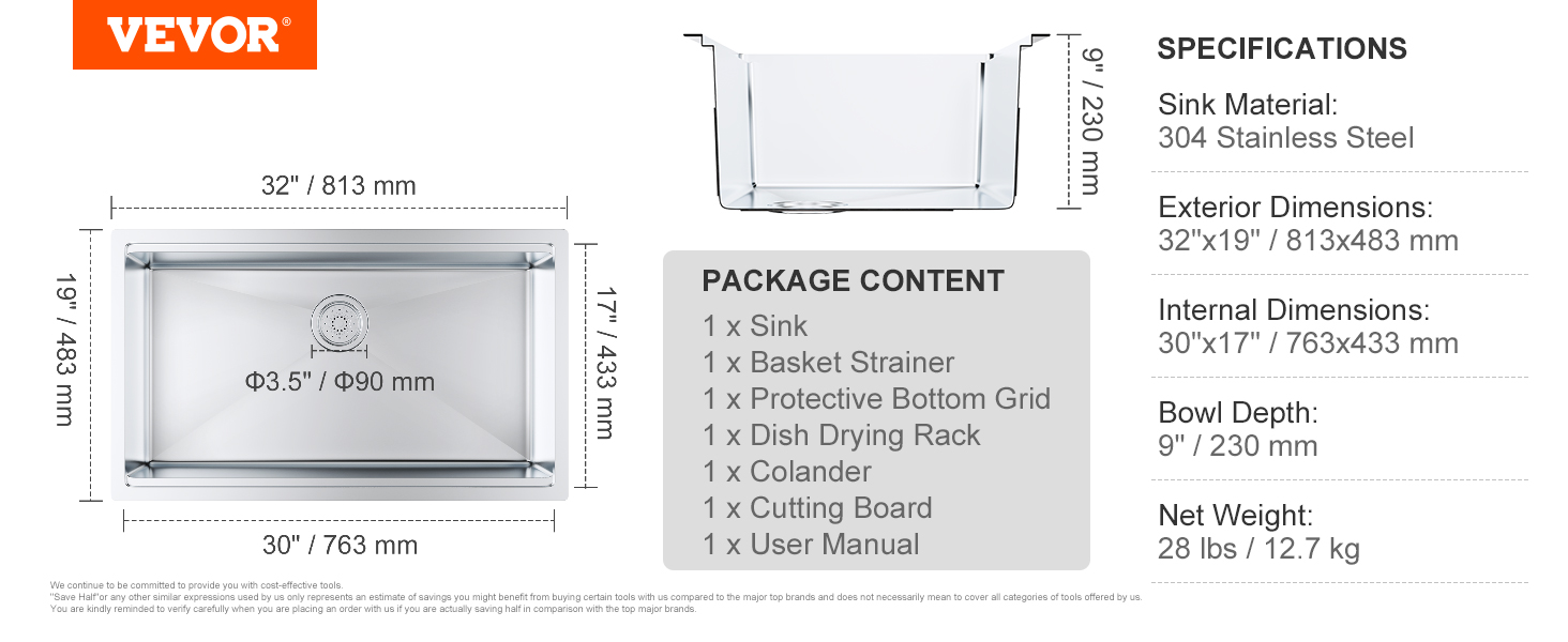 VEVOR Kitchen Sink, 304 Stainless Steel Drop-In Sinks, Undermount Single Bowl Basin with Ledge and Accessories, Household Dishwasher Sinks for Workstation, RV, Prep Kitchen, and Bar Sink, 32 inch
