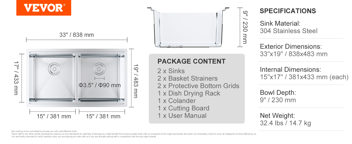 VEVOR Kitchen Sink, 304 Stainless Steel Drop-In Sinks, Undermount