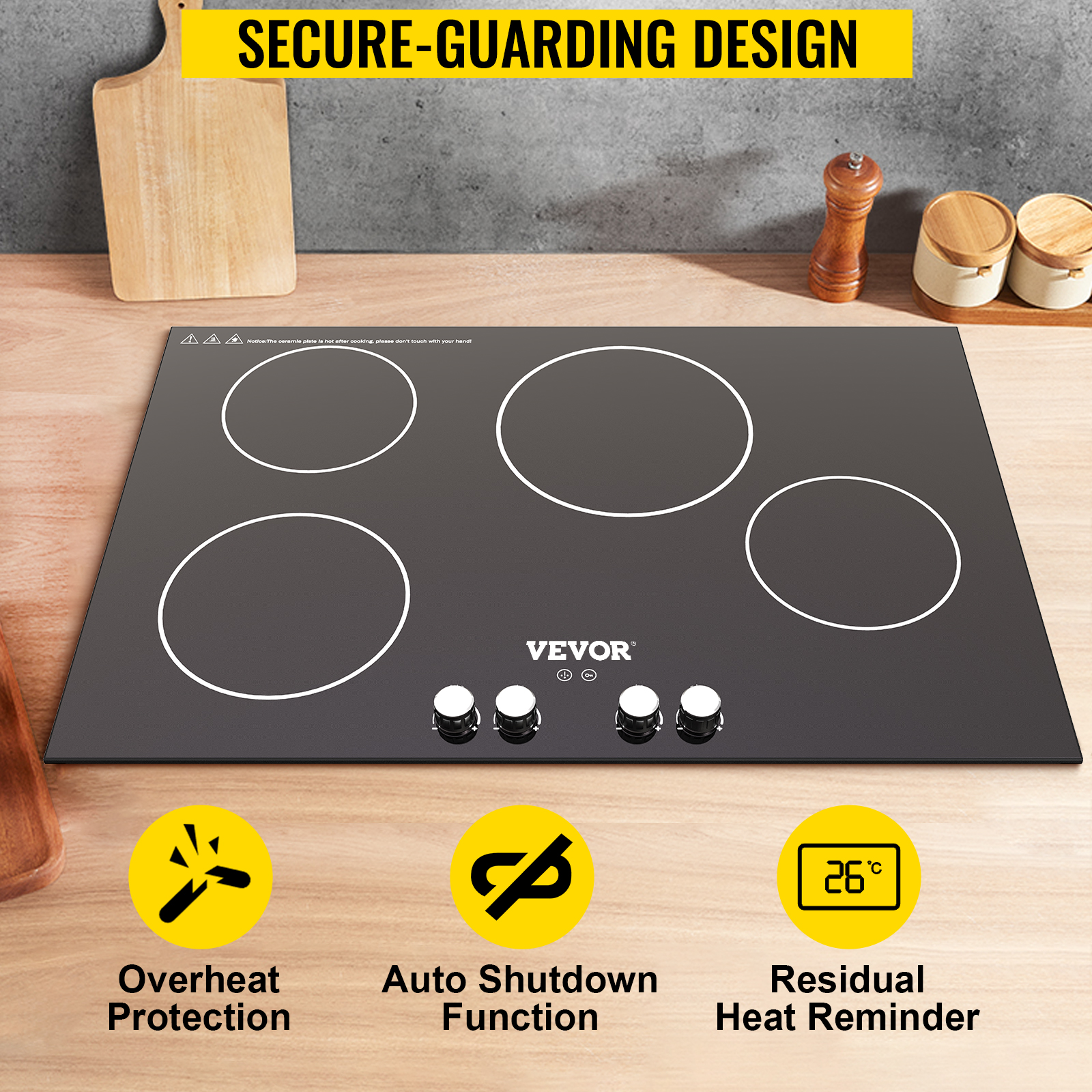 VEVORbrand Built-in Electric Stove Top, 30 inch 4 Burners, 240V Ceramic  Glass Radiant Cooktop ,Sensor Touch Control, Timer Child Lock Included, 9