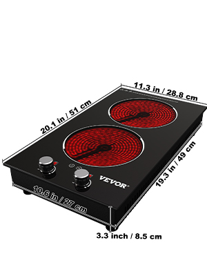 VEVOR Built in Electric Stove Top, 11 inch 2 Burners, 220V Ceramic Glass  Radiant Cooktop with