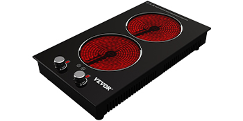VEVOR Built in Electric Stove Top, 11 inch 2 Burners, 220V Ceramic Glass Radiant Cooktop with Knob Control, Timer & Child Lock Included, 9 Power Levels with Boost Function for Simmer Steam Fry, Black