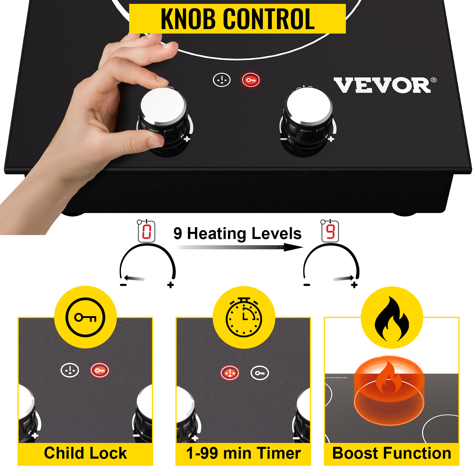 VEVOR Built in Electric Stove Top, 11 inch 2 Burners, 220V Ceramic Glass Radiant Cooktop with Knob Control, Timer & Child Lock Included, 9 Power Levels with Boost Function for Simmer Steam Fry, Black