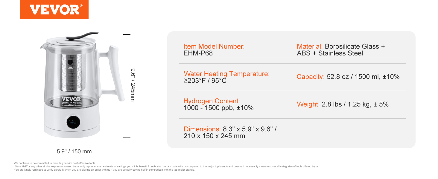 Generátor džbánu na vodu VEVOR, 1,5 l / 52,8 oz Velkokapacitní konvice na vodu s generátorem vodíku, technologie SPE a PEM, stroj s ionizátorem vody bohatým na vodík pro vaření kávy nebo čaje