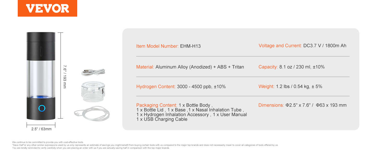Generátor vodíkových lahví na vodu VEVOR, 230 ml / 8,1 oz Přenosný výrobník vodíkové vody, technologie SPE Ionizátor vody bohatý na vodík s nosní inhalační trubicí a samočištěním