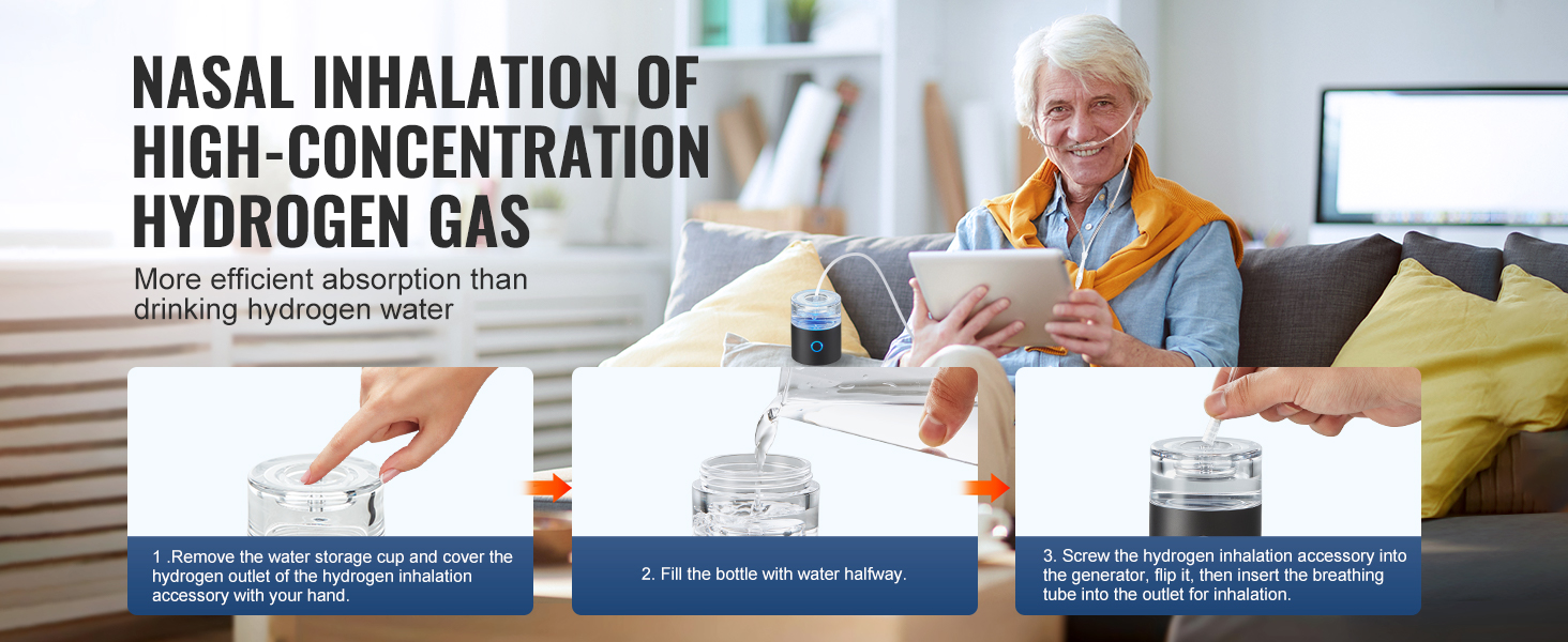 nasal inhalation of high-concentration hydrogen gas using the VEVOR hydrogen water bottle for efficient absorption.