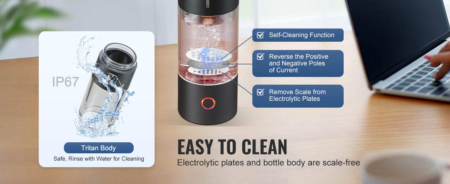 VEVOR hydrogen water bottle with tritan body and self-cleaning function on a wooden desk.