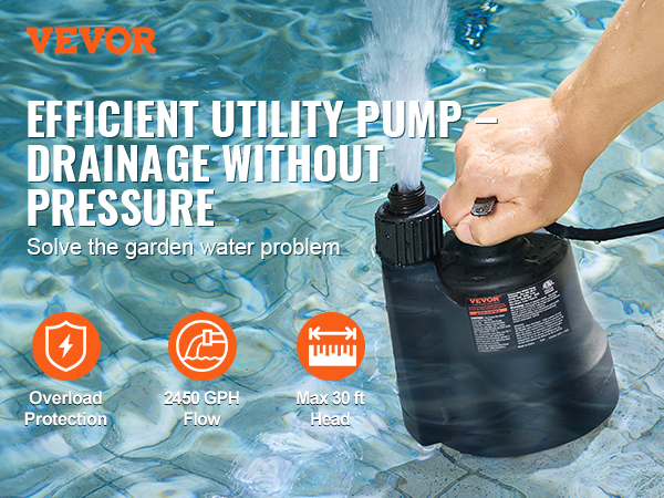 VEVOR 1/3 HP Submersible Sump Pump - 2450 GPH High Flow Utility Pump For Pool & Basement