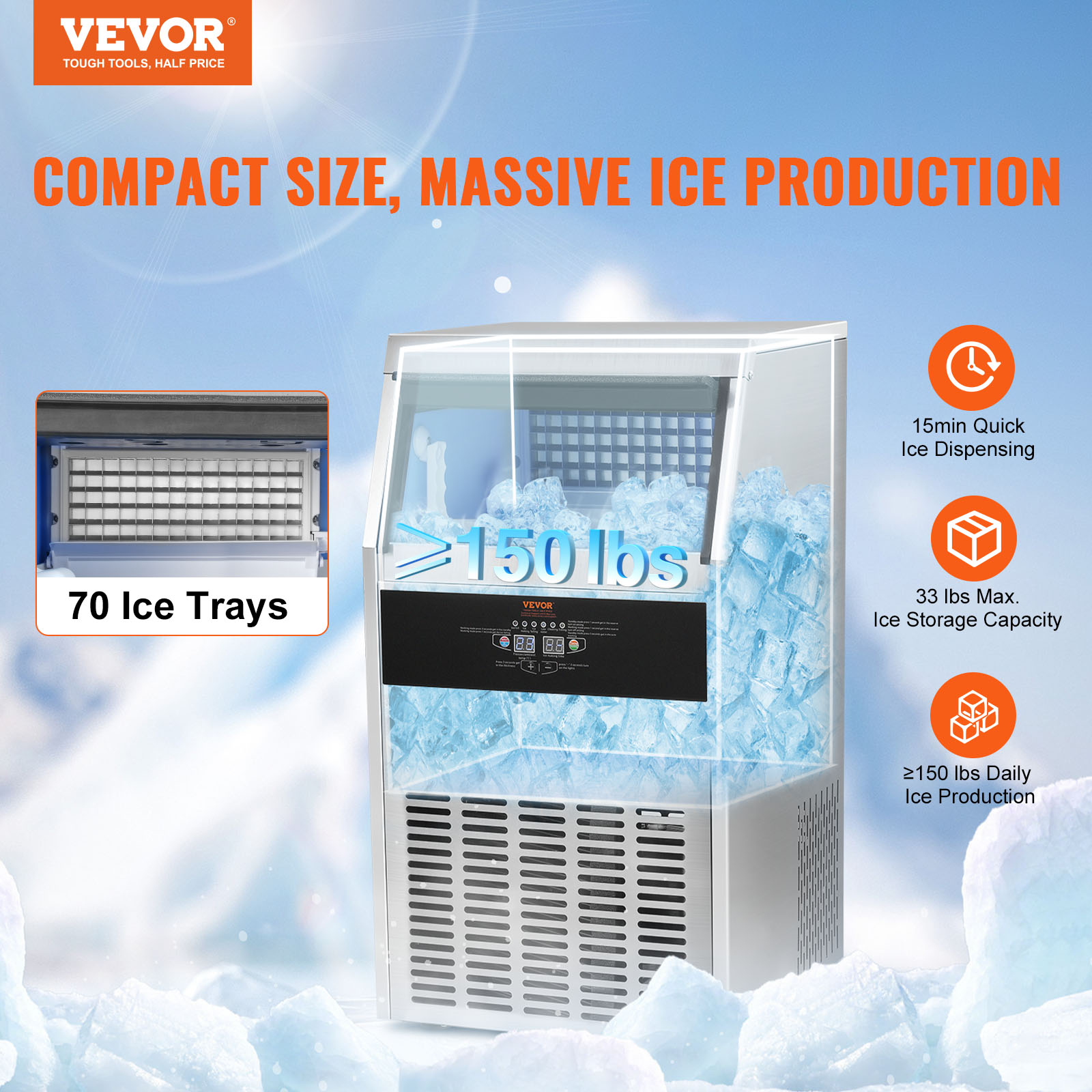 VEVOR 80-150LB Commercial Ice Maker Undercounter Ice Cube Machine Freestanding