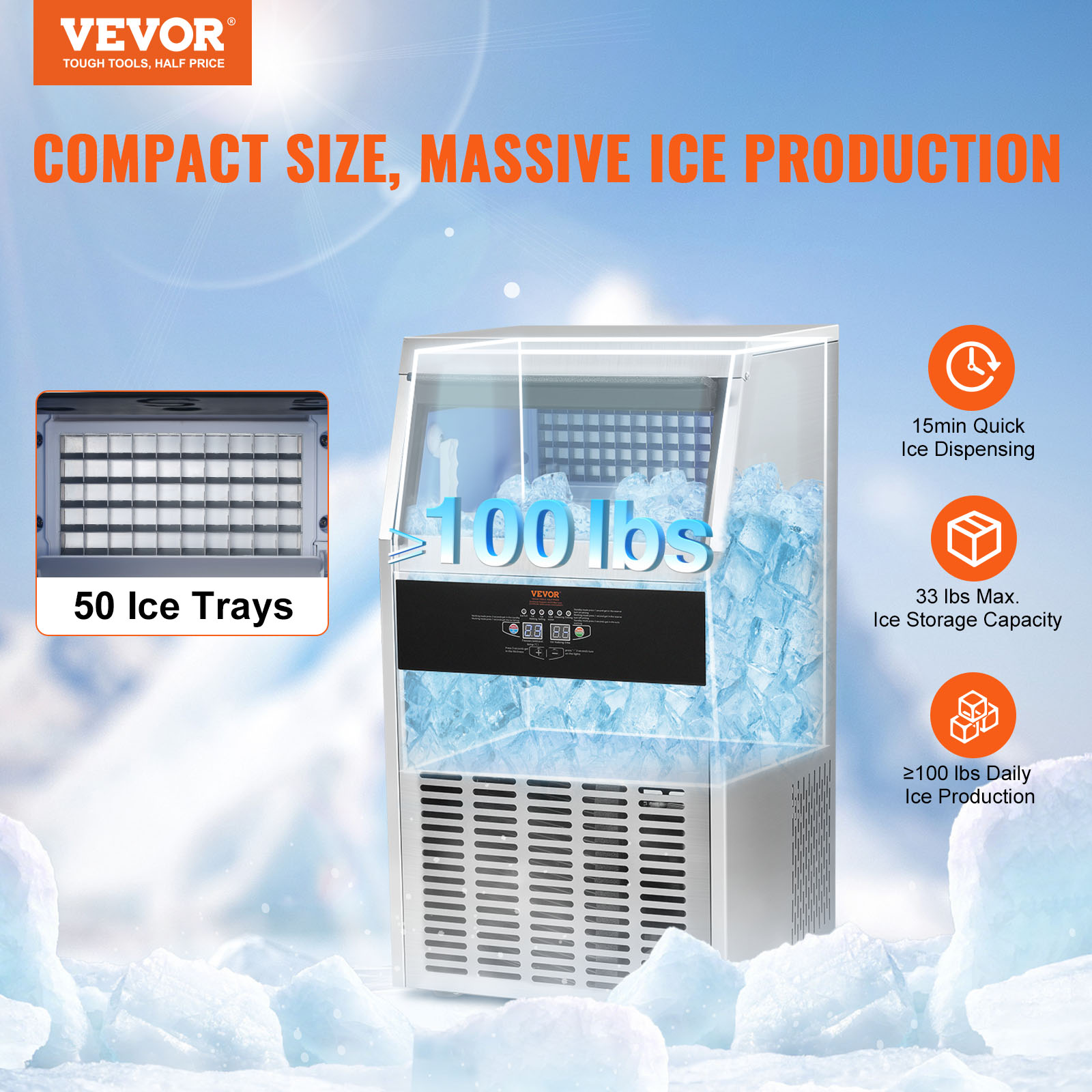 VEVOR 80-150LB Commercial Ice Maker Undercounter Ice Cube Machine Freestanding