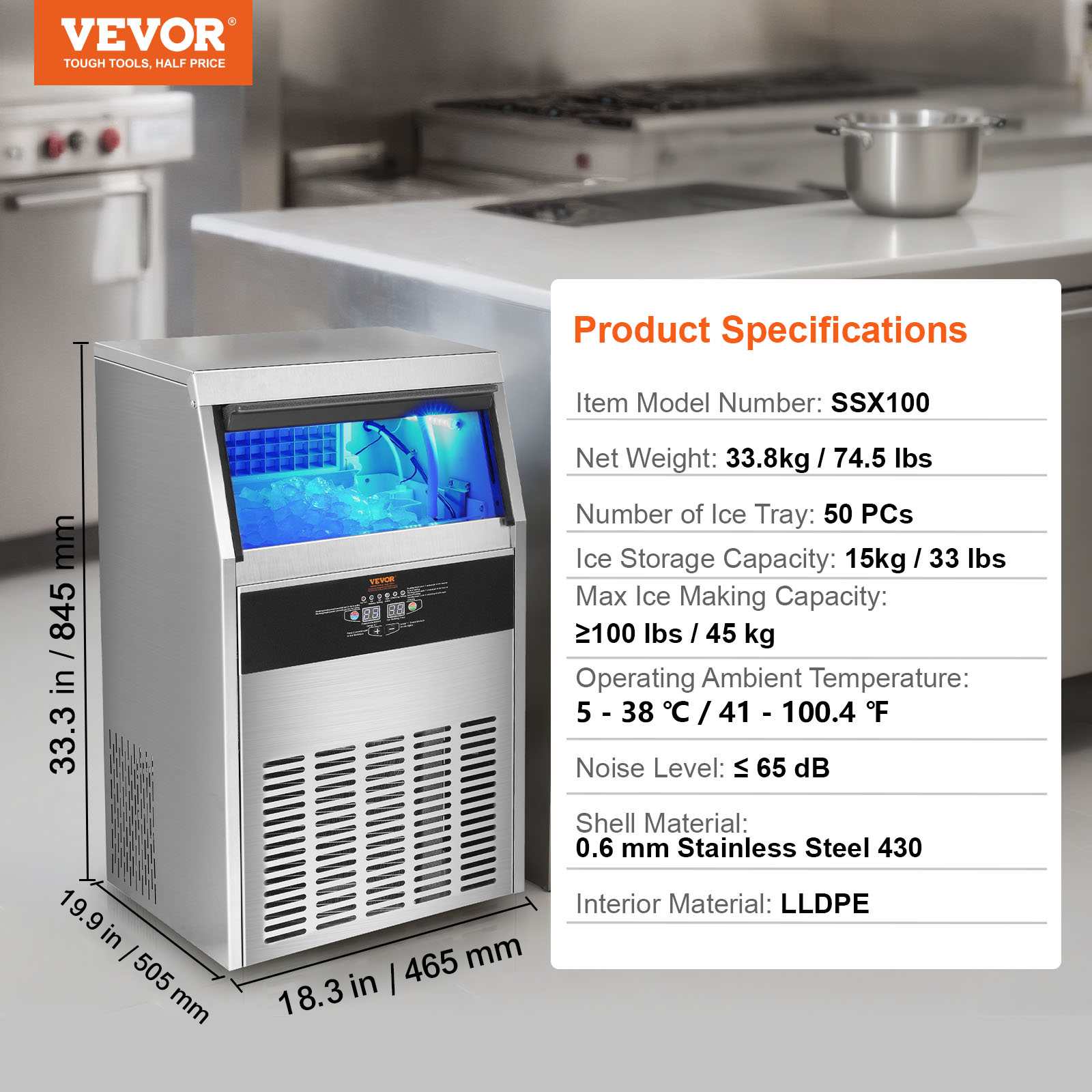 VEVOR 80-150LB Commercial Ice Maker Undercounter Ice Cube Machine Freestanding