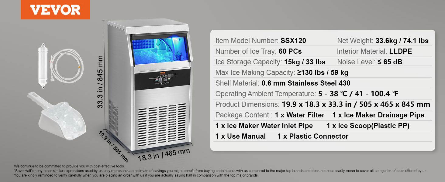 VEVOR commercial ice maker with 60 ice tray capacity, 15kg storage, and ssx120 model detailed specs.