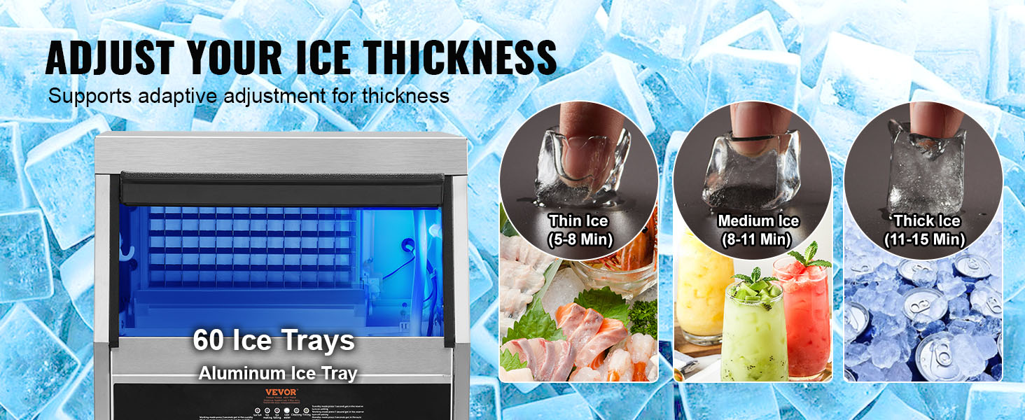 VEVOR commercial ice maker with 60 aluminum trays allows thin, medium, and thick ice adjustments.